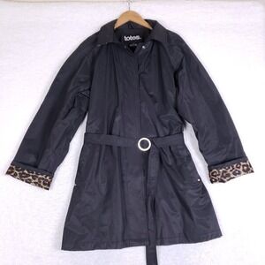 Totes Vintage Raincoat L Large Trench Coat Black Leopard Trim Belted Rain Jacket